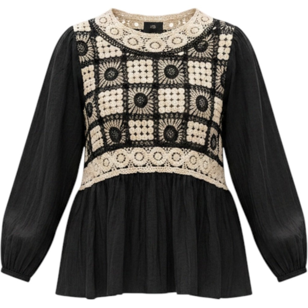 See and Be Seen Black Cream Crochet Babydoll Peplum Blouse Top T3321 Small